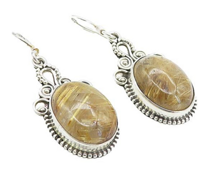 925 Sterling Silver  Vintage Cabochon Rutilated Quartz Dangle Earrings  EG3785