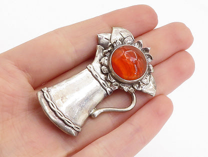 925 Sterling Silver  Vintage Carnelian Flower Watering Can Brooch Pin  BP2303