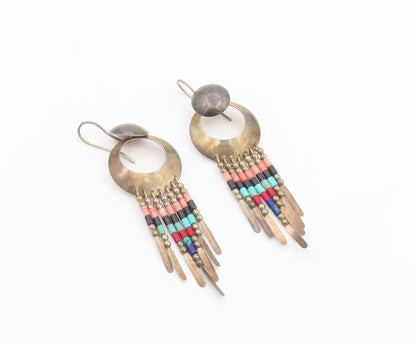 925 Sterling Silver Vintage Earrings SOUTHWESTERN Multi Gemstone Dangle  EG14501