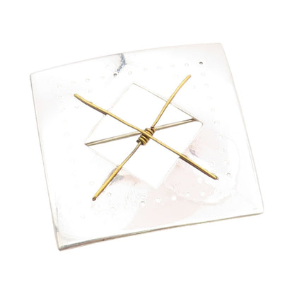 925 Sterling Silver Vintage Brooch Gold Plated Geometric Crossed Paths BP11788