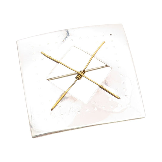925 Sterling Silver Vintage Brooch Gold Plated Geometric Crossed Paths BP11788