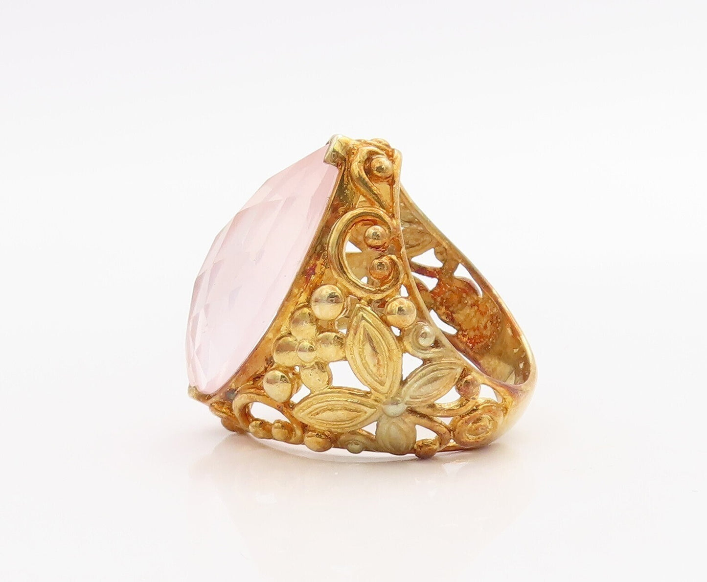 925 Sterling Silver Vintage Ring Gold Plated Floral Carved Gemstone Sz 7 RG30722
