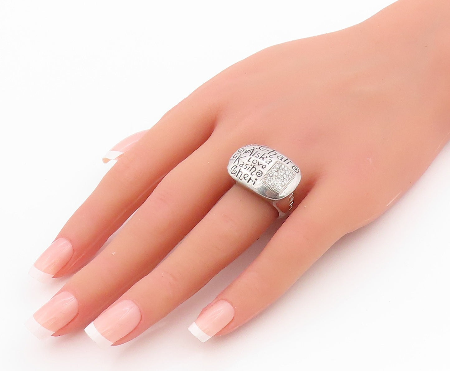 925 Sterling Silver Vintage Ring Diamonds Inlay Lovers Names Etched Sz 7 RG33188