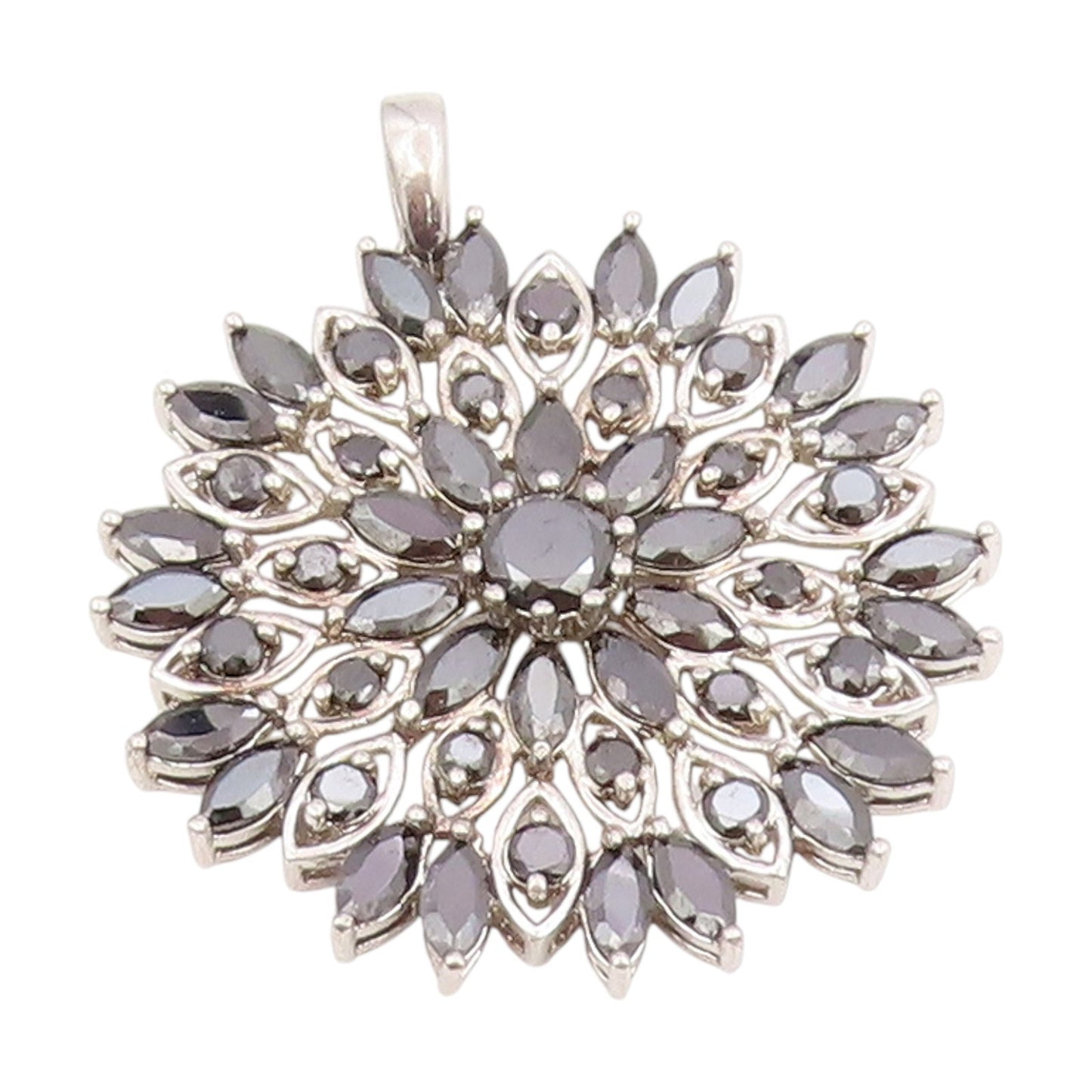 925 Sterling Silver Vintage Pendant Black CZ Floral Starburst Blossom  PT25789