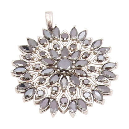 925 Sterling Silver Vintage Pendant Black CZ Floral Starburst Blossom  PT25789
