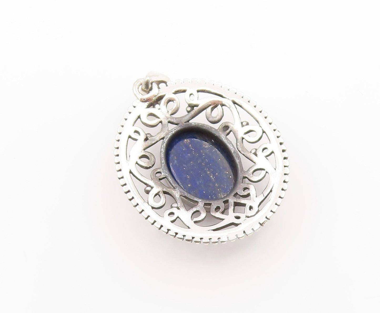 925 Sterling Silver Vintage Pendant Cabochon Lapis Lazuli Openwork Charm PT26239