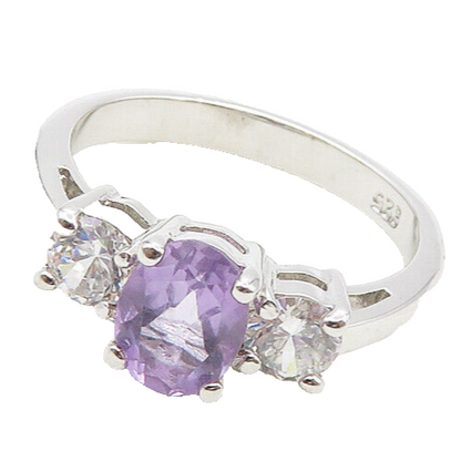 925 Sterling Silver  Shiny Amethyst & Cubic Zirconia Band Ring Sz 6  RG17361