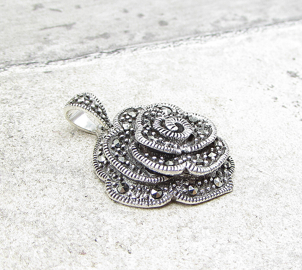 925 Sterling Silver  Marcasite Wild Spring Flower Drop Pendant  PT1379