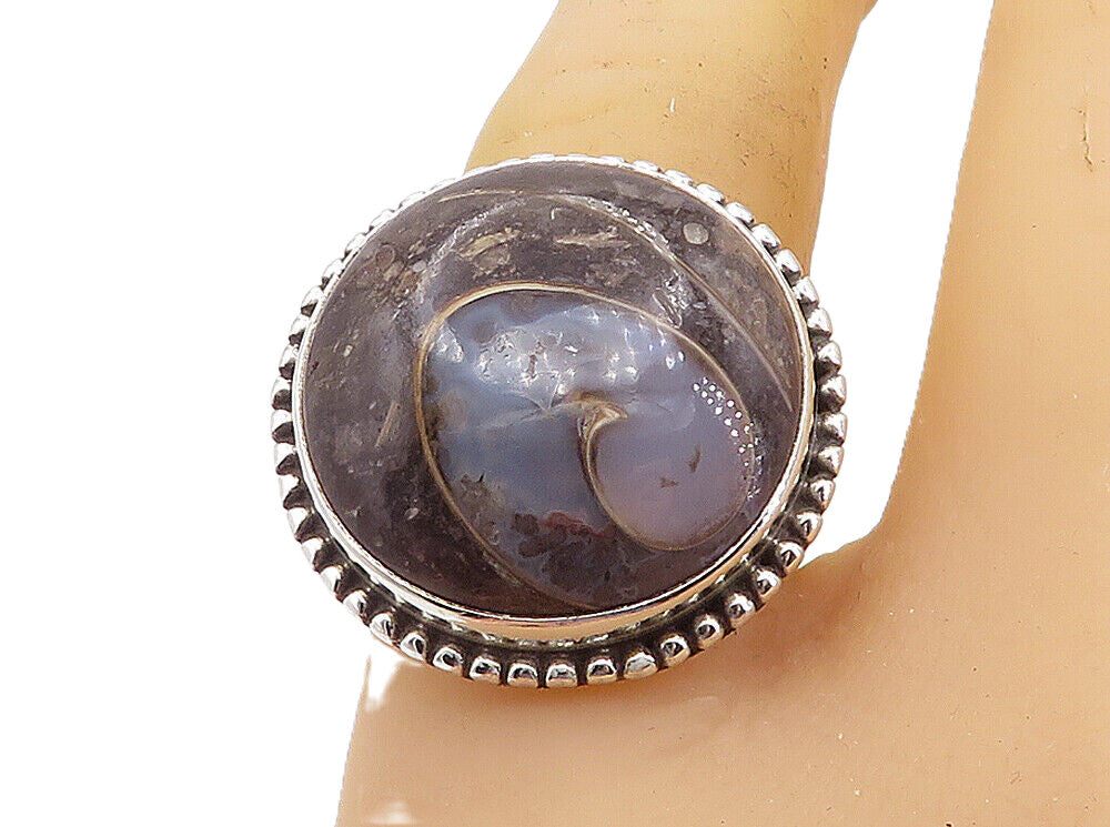 925 Sterling Silver  Cabochon Cut Agate Fluted Trim Cocktail Ring Sz 9  RG8446