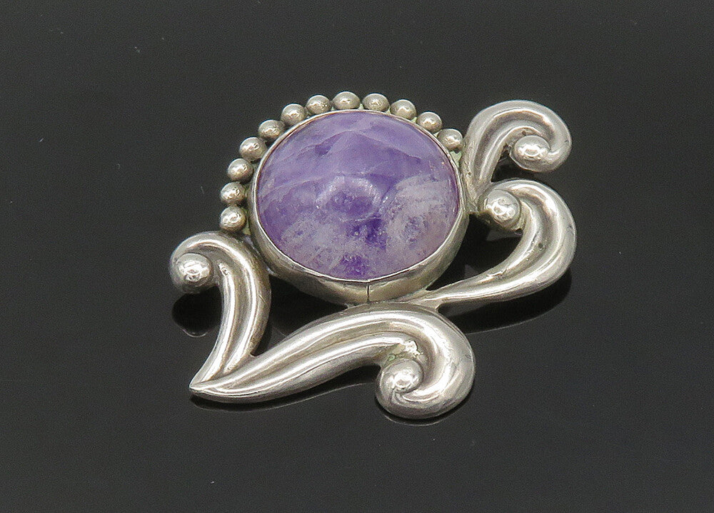 LOS CASTILLO MEXICO 925 Silver  Vintage Cabochon Amethyst Brooch Pin  BP8147