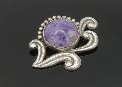 LOS CASTILLO MEXICO 925 Silver  Vintage Cabochon Amethyst Brooch Pin  BP8147