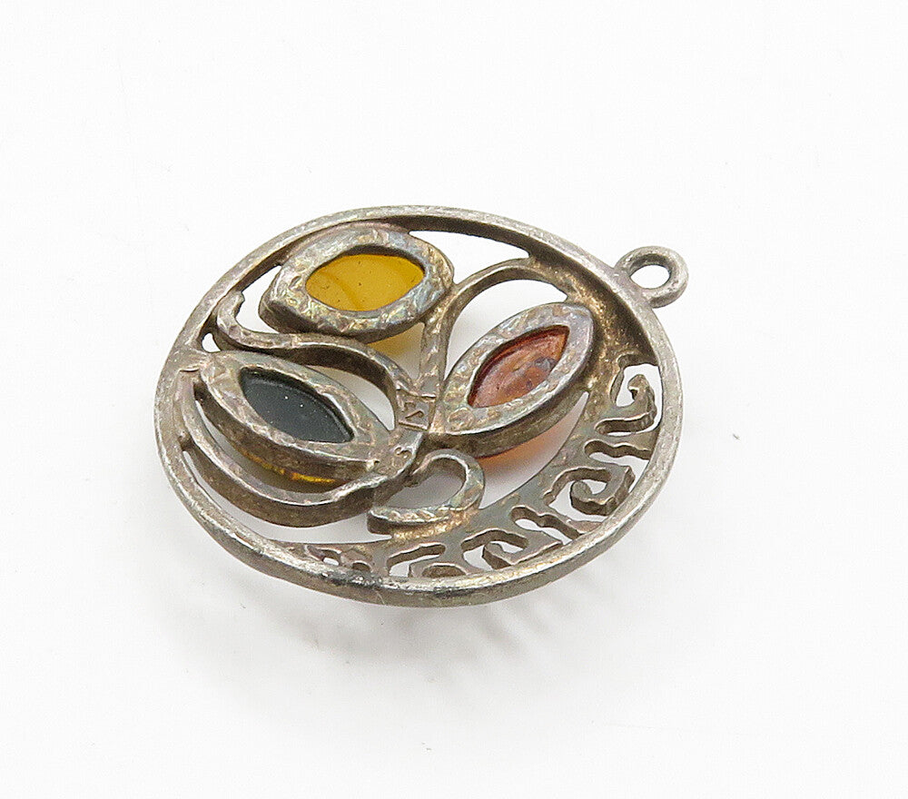 925 Sterling Silver  Vintage Amber Floral Vine Greek Key Pendant  PT12473