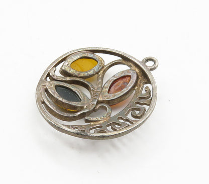925 Sterling Silver  Vintage Amber Floral Vine Greek Key Pendant  PT12473