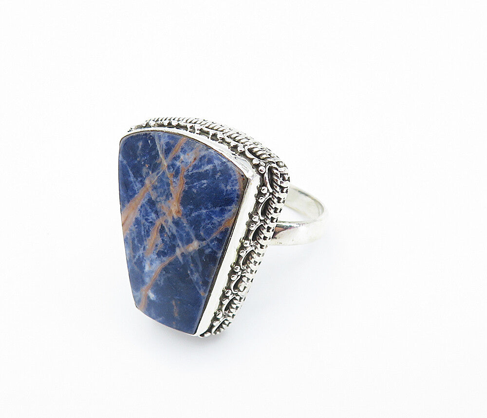 925 Sterling Silver  Sodalite Swirl Border Shiny Cocktail Ring Sz 10  RG8130