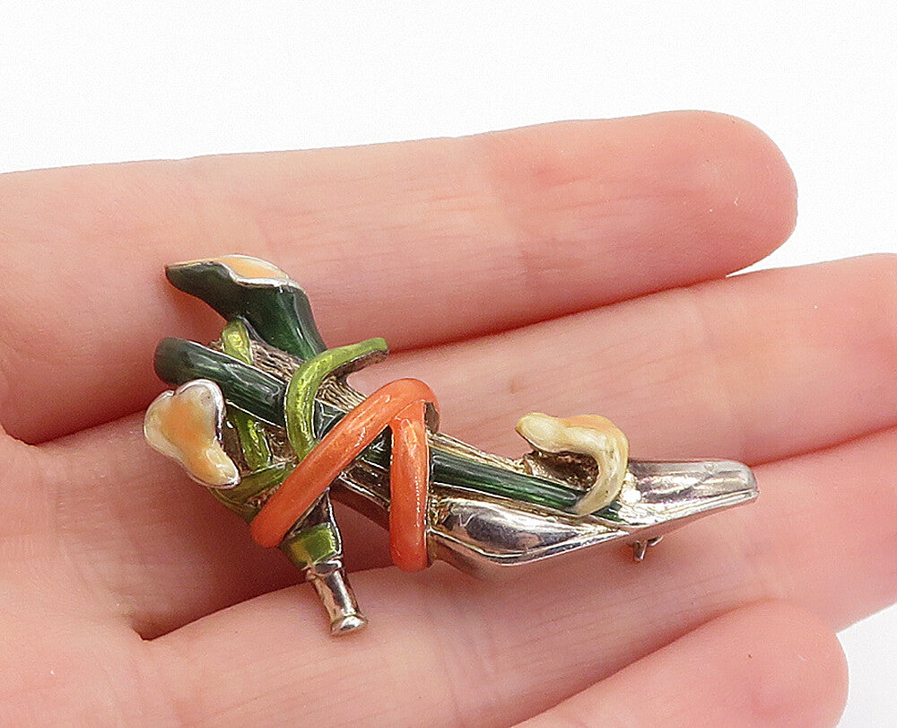 925 Sterling Silver  Vintage Enamel Floral Vine Wrapped Shoe Brooch Pin BP2208