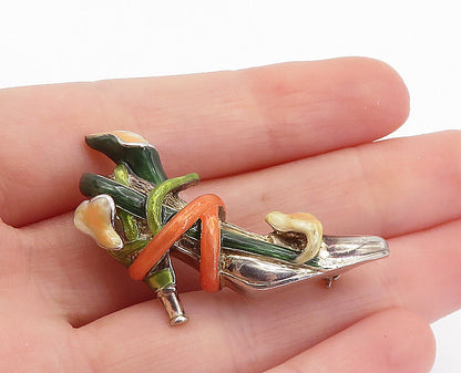 925 Sterling Silver  Vintage Enamel Floral Vine Wrapped Shoe Brooch Pin BP2208