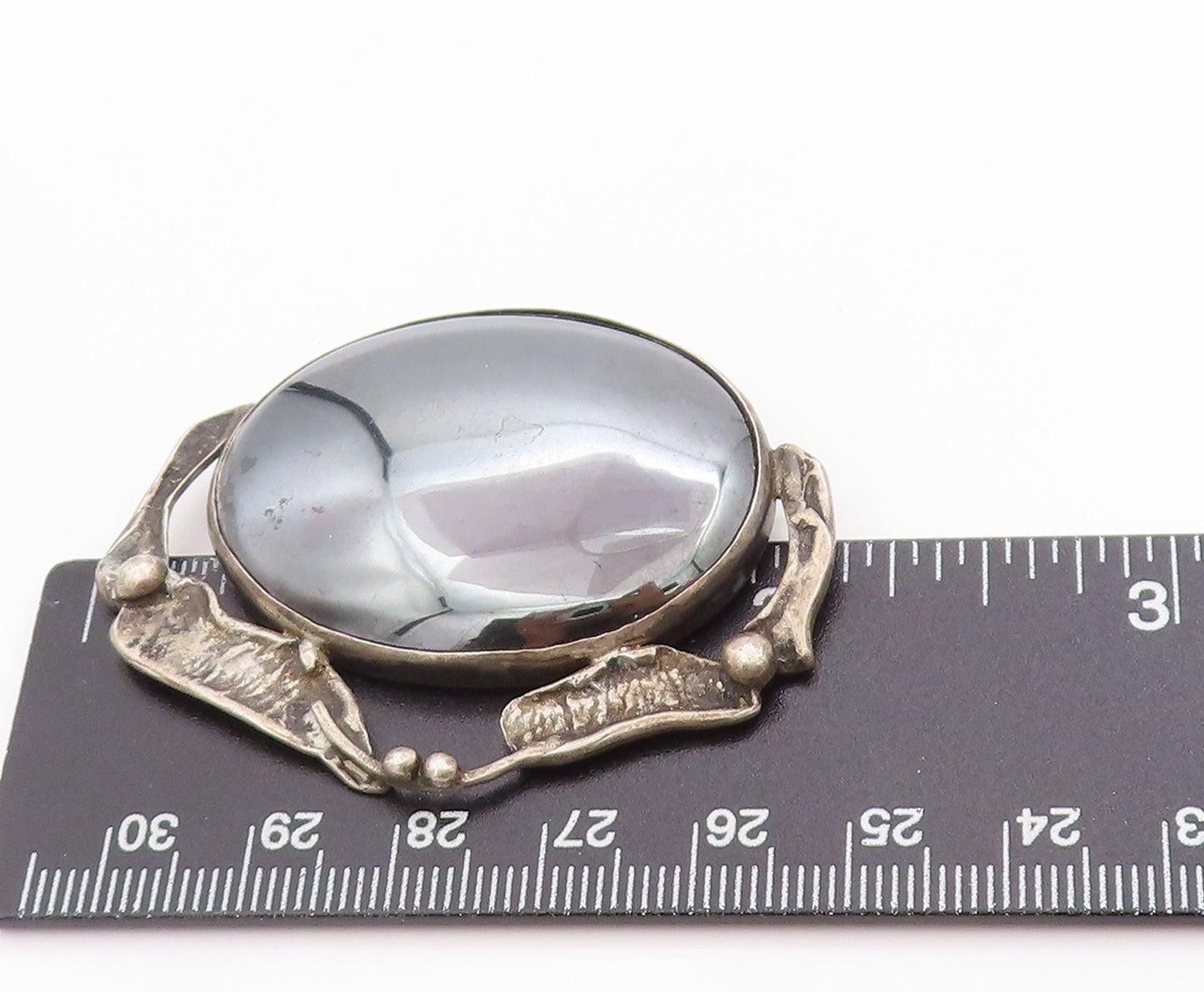 925 Sterling Silver Vintage Brooch Cabochon Hematite Pewter Dish Design  BP11850
