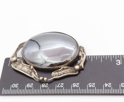 925 Sterling Silver Vintage Brooch Cabochon Hematite Pewter Dish Design  BP11850
