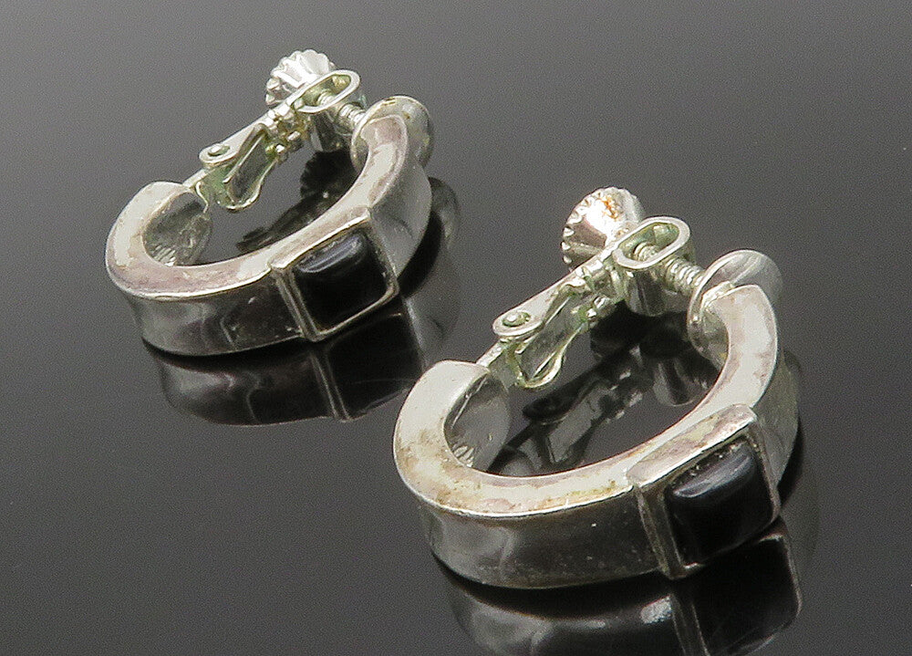 NAPIER 925 Sterling Silver  Vintage Black Onyx Non Pierce Hoop Earrings EG6877