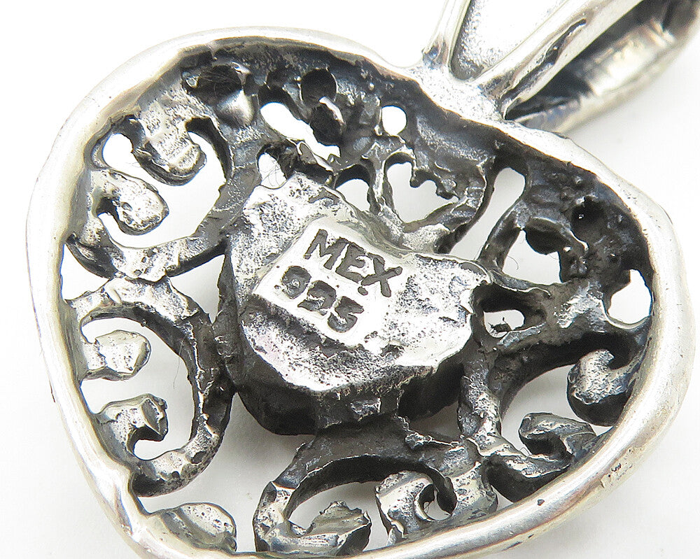 MEXICO 925 Sterling Silver  Vintage Amber Love Heart Drop Pendant  PT8560