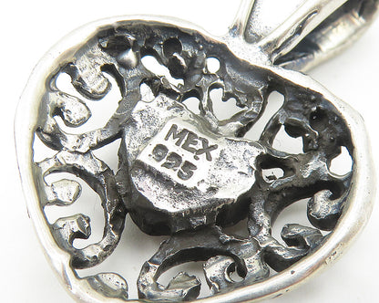 MEXICO 925 Sterling Silver  Vintage Amber Love Heart Drop Pendant  PT8560