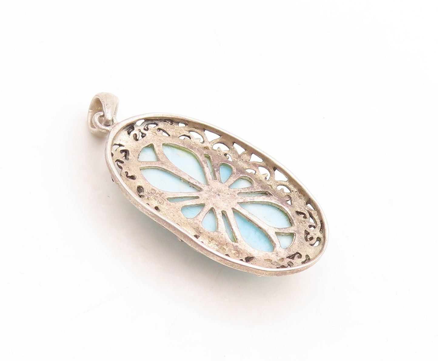 925 Sterling Silver Vintage Pendant Swirly Carved Oval Frame Larimar  PT23761