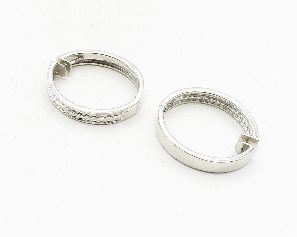 925 Sterling Silver  Shiny White Topaz Round Hinge Hoop Earrings  EG5050