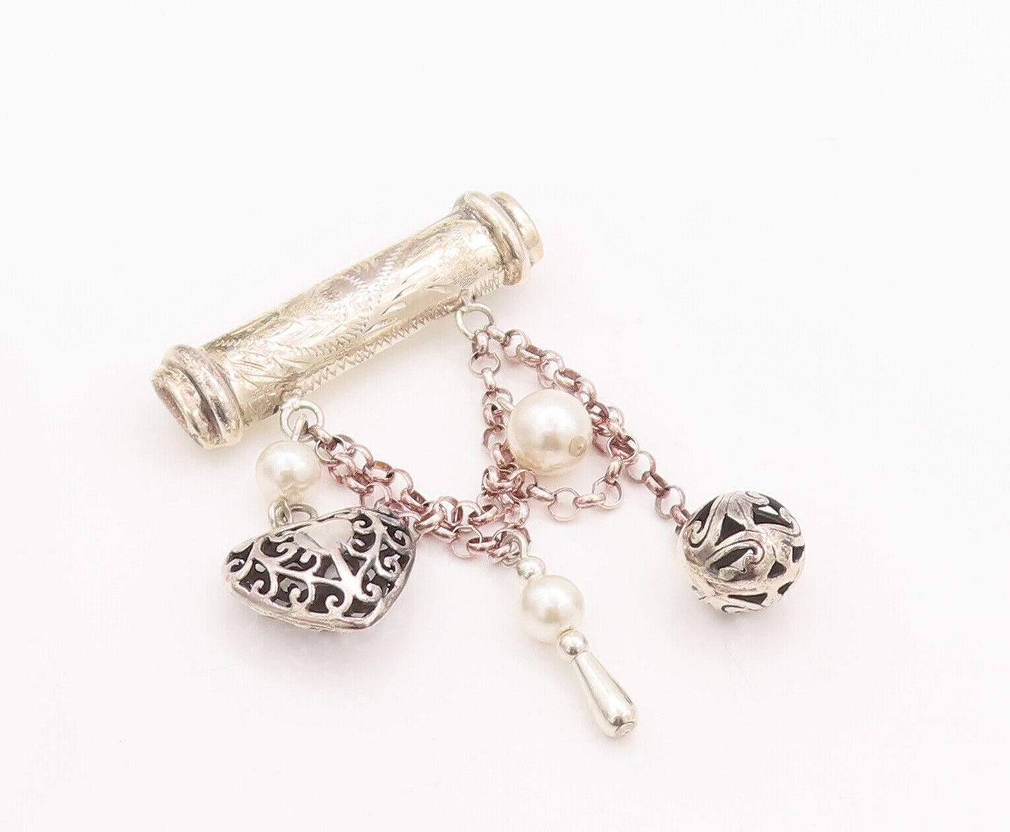925 Sterling Silver Vintage Brooch Pin Carved Dangling Peal Heart Charms BP10821