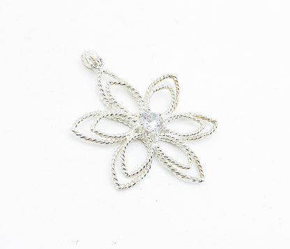 925 Sterling Silver  Cubic Zirconia Twist Open Flower Motif Pendant  PT3384