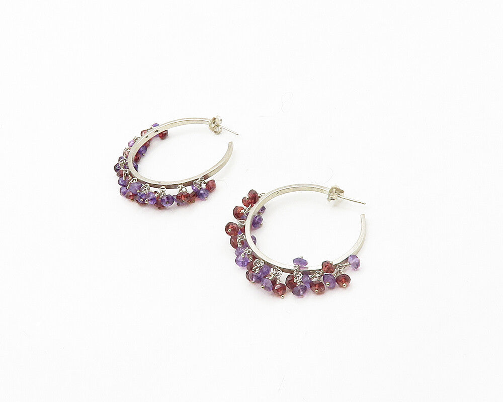 925 Sterling Silver   Vintage Amethyst & Topaz Beaded Hoop Earrings  EG8939