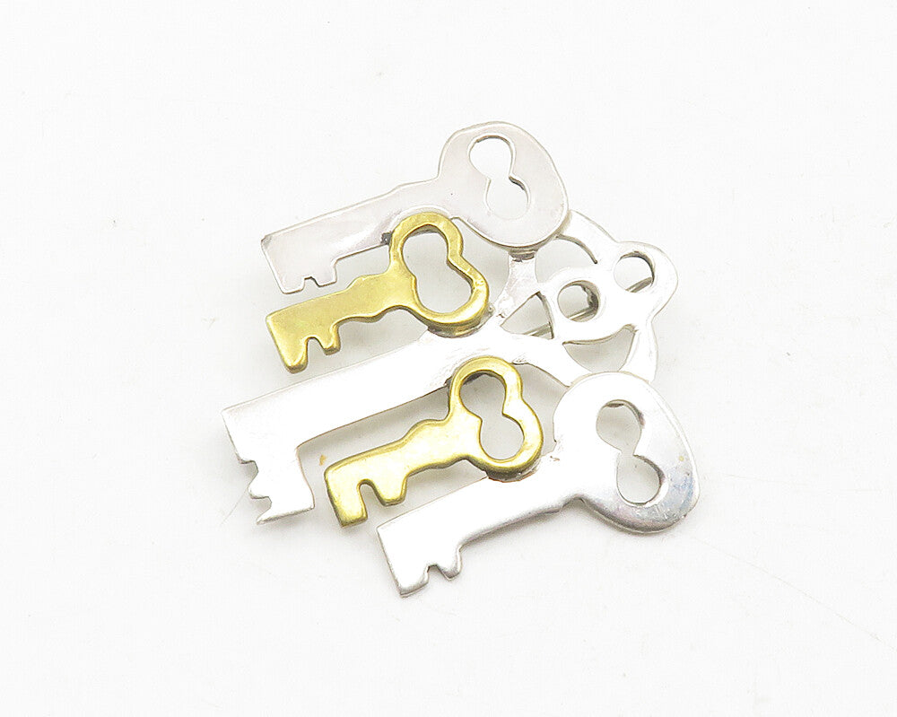 925 Sterling Silver  Vintage Shiny Two Tone Keys Smooth Brooch Pin  BP4372