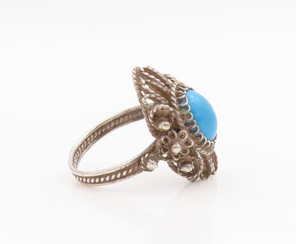 925 Sterling Silver Vintage Ring Oval Turquoise Bohemian Style  Sz 7.5  RG34181
