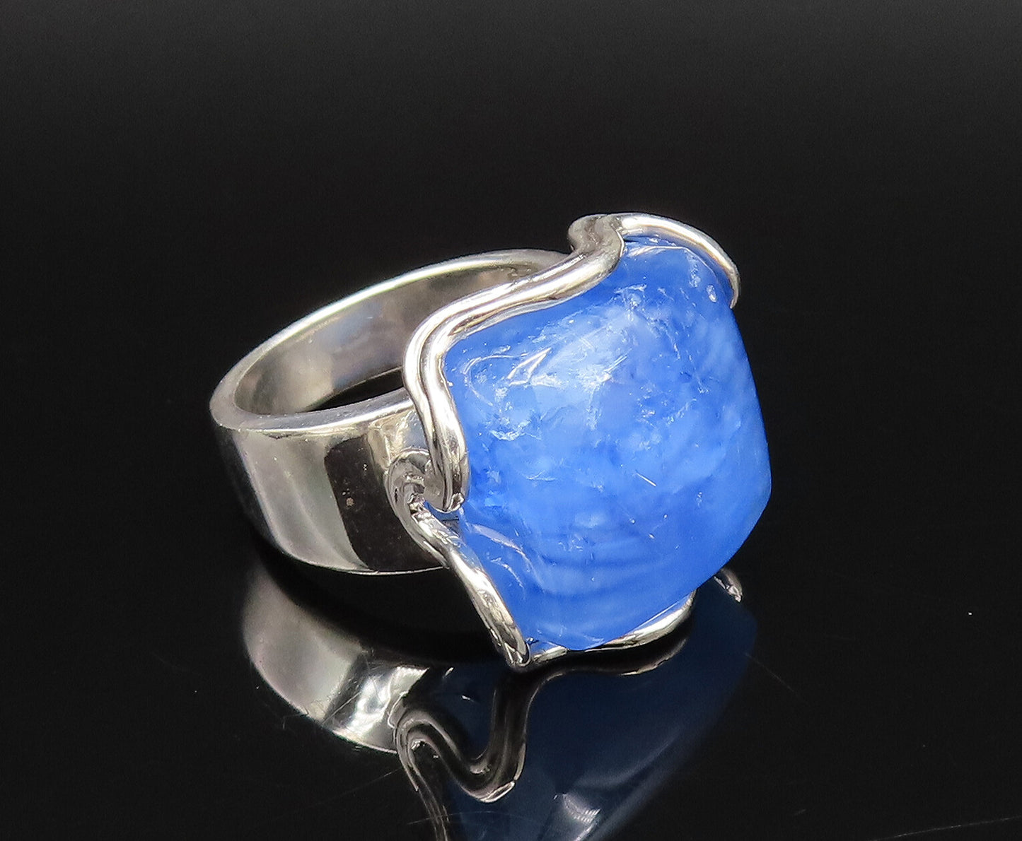 925 Silver  Vintage Unique Water Blue Agate Wavy Frame Ring Sz 7  RG26093