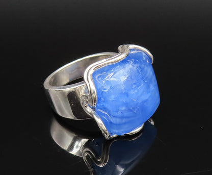 925 Silver  Vintage Unique Water Blue Agate Wavy Frame Ring Sz 7  RG26093