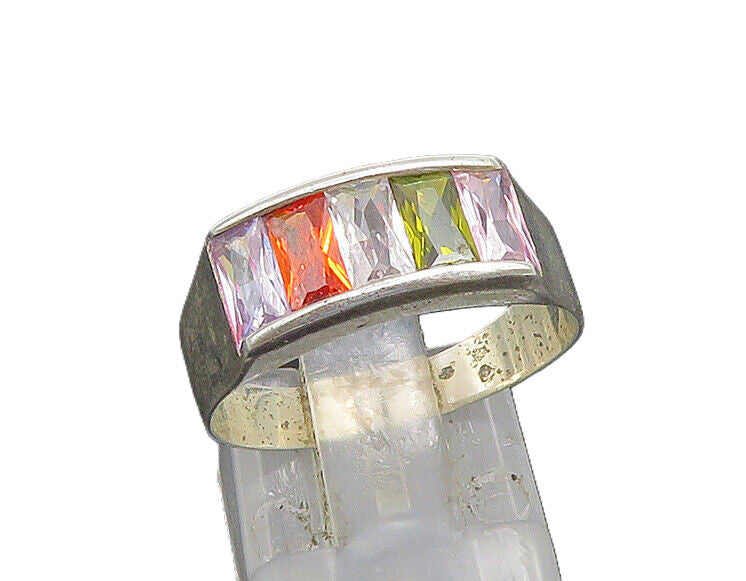 925 Silver  Vintage Cubic Zirconia Topaz & Peridot Band Ring Sz 8  RG23427