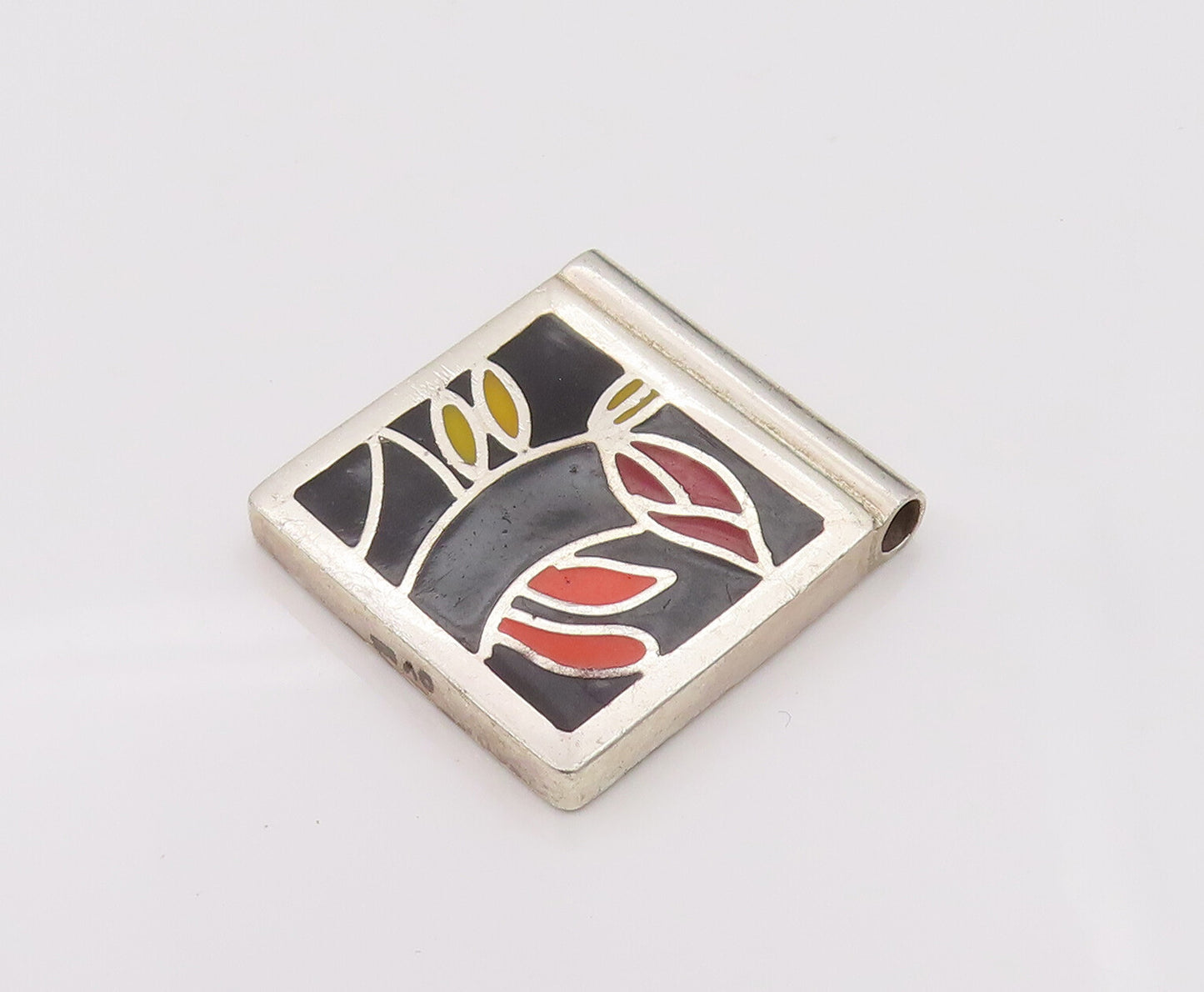 EUROPE 925 Sterling Silver  Vintage Square Flower Leaf Enamel Pendant PT22123