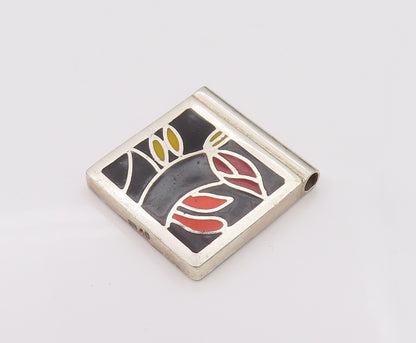 EUROPE 925 Sterling Silver  Vintage Square Flower Leaf Enamel Pendant PT22123