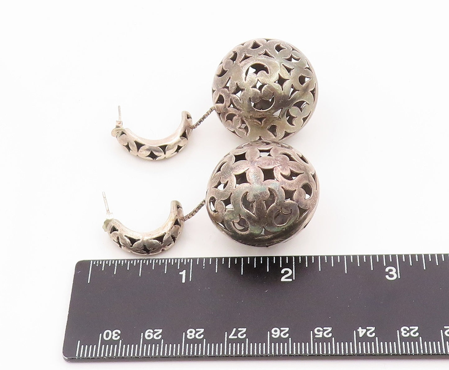 BALI 925 Silver  Vintage Cutout Pattern Puffy Ball Dangle Earrings  EG11562