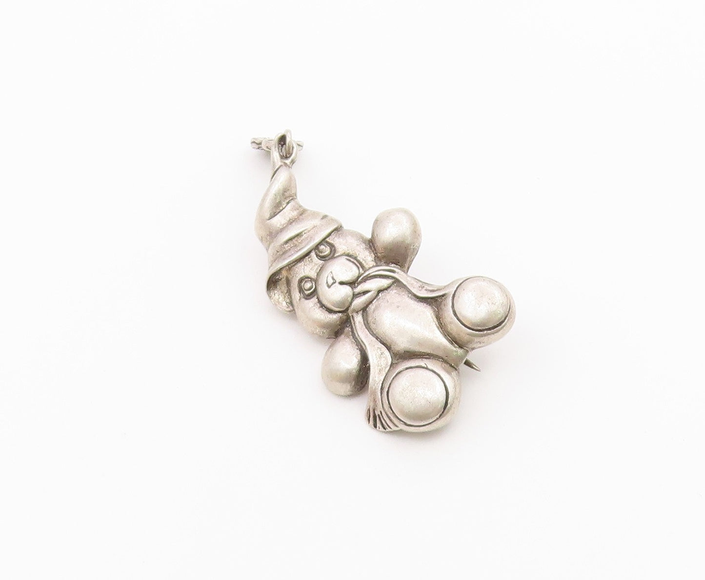 925 Silver  Vintage Carved Teddy Bear With Hat & Scarf Brooch Pin  BP9901