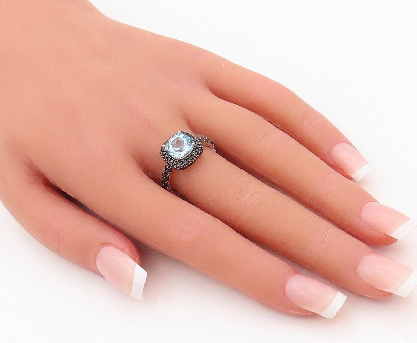 925 Sterling Silver Vintage Ring Square Blue Topaz & Spinel Inlay  Sz 7 RG30354