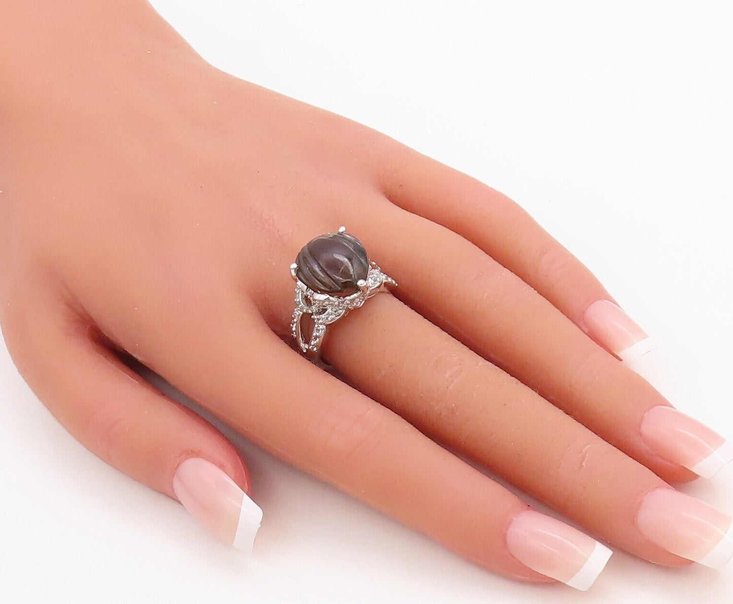 925 Sterling Silver Vintage Ring Drop Cut Smoky Quartz & Topaz  Sz 7.5  RG30998