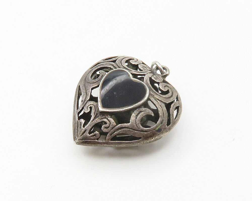 925 Sterling Silver  Vintage Black Onyx Love Heart Open Swirl Pendant  PT13522