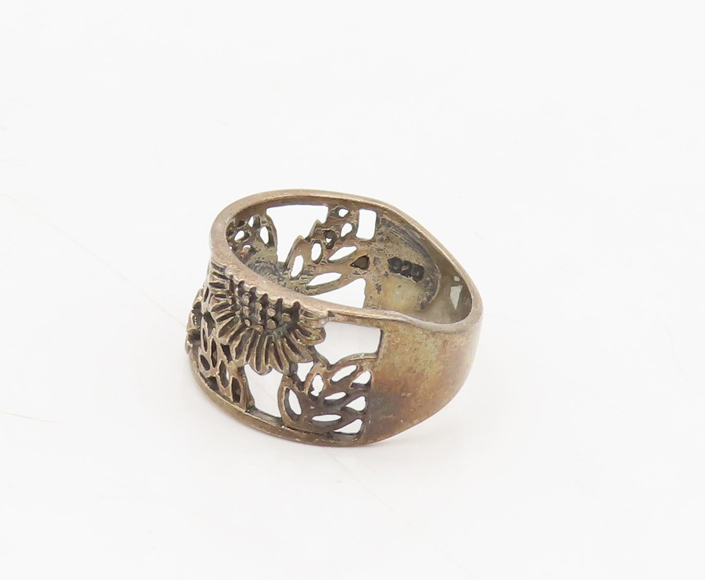 925 Sterling Silver Vintage Ring Detailed Carved Sunflower Sz 5.5  RG27685