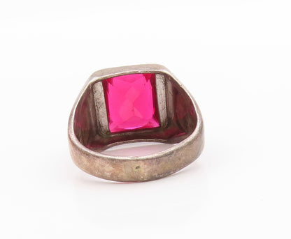 925 Sterling Silver Vintage Ring Antique Rectangle Pink CZ Inlay  Sz 9  RG33332