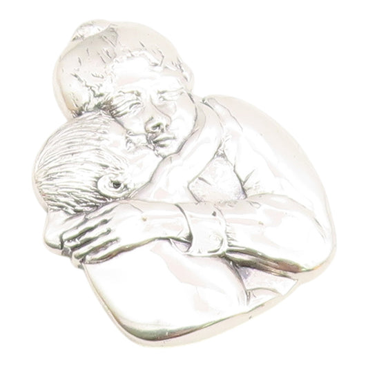 MFA 925 Sterling Silver  Vintage Shiny Mother & Child Hug Brooch Pin  BP9075