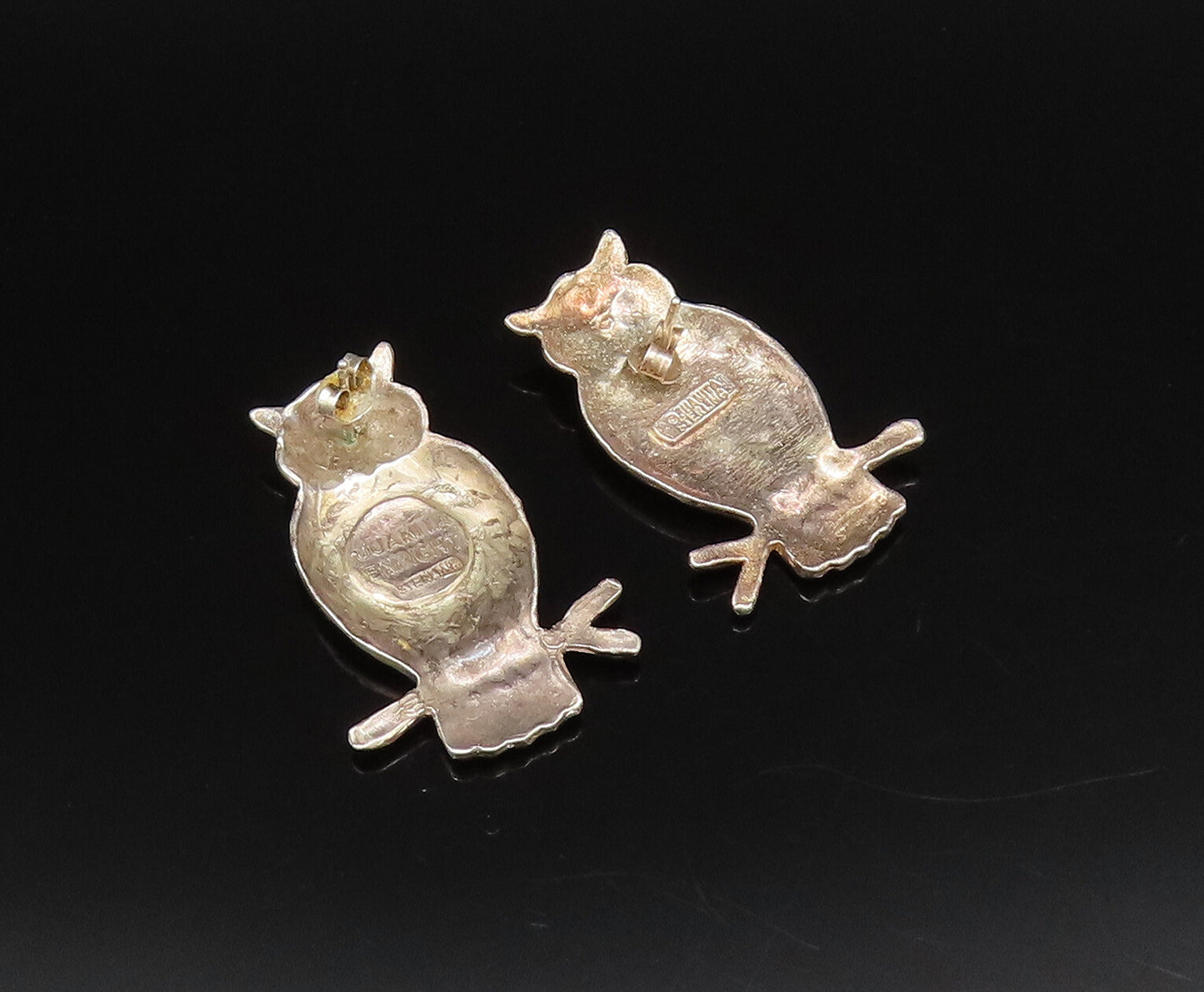 JUANITA ENRIGHT 925 Silver  Vintage Carved Textured Owls Earrings  EG12237
