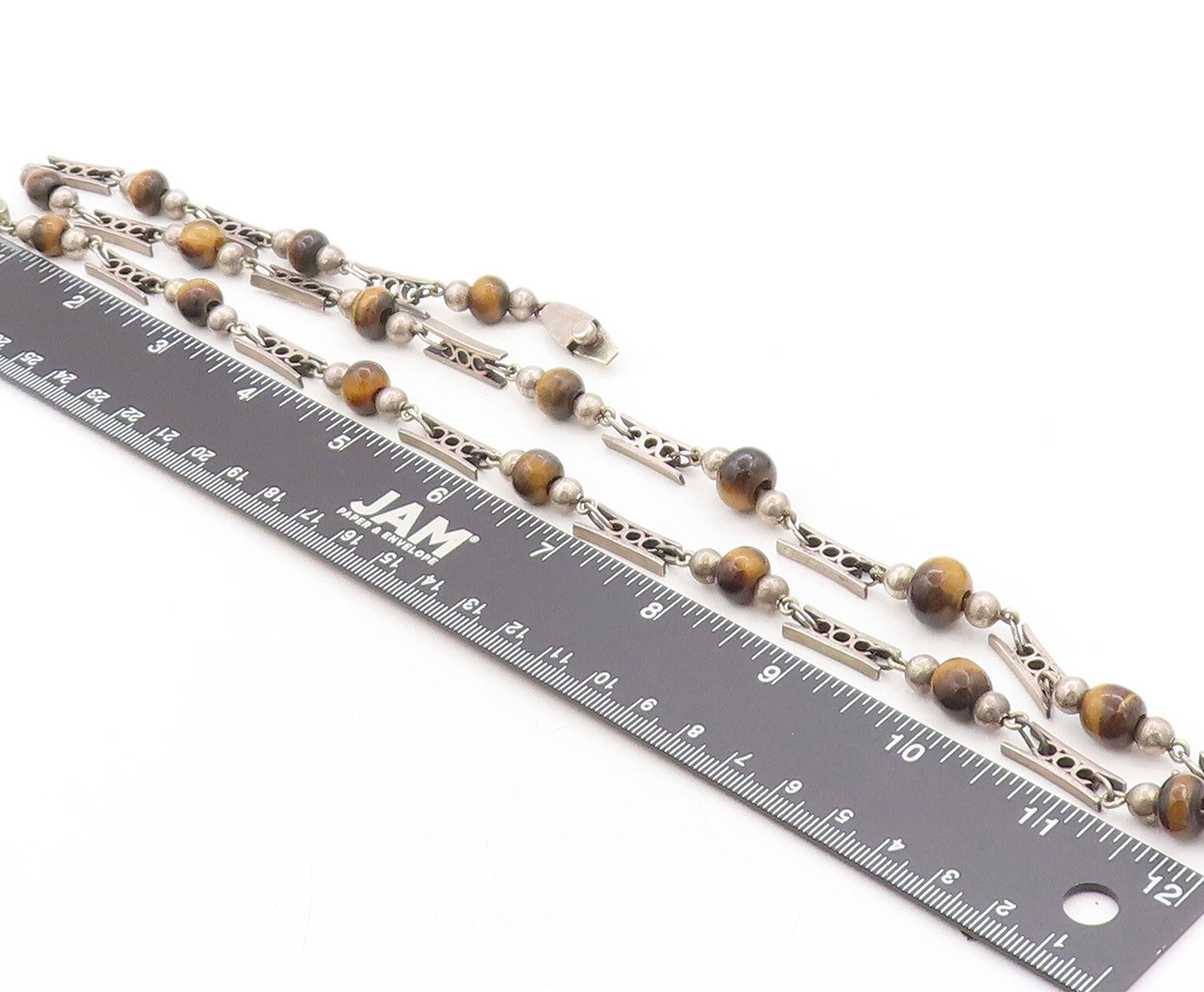 925 Sterling Silver Vintage Necklace MEXICO Designer Beaded Tiger's Eye   NE4413