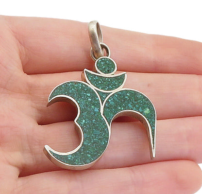 925 Sterling Silver  Vintage Turquoise Om Spiritual Symbol Pendant  PT6060