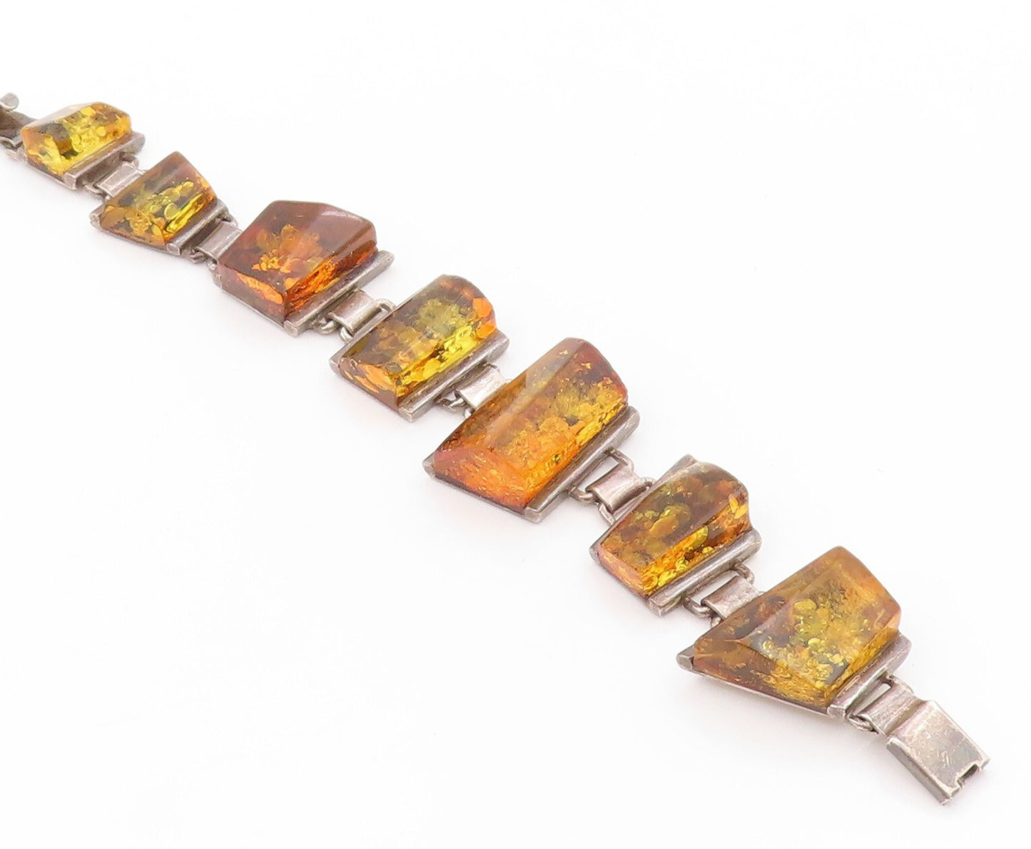 925 Sterling Silver Vintage Bracelet POLAND Designer Honey Amber Band  BT11053