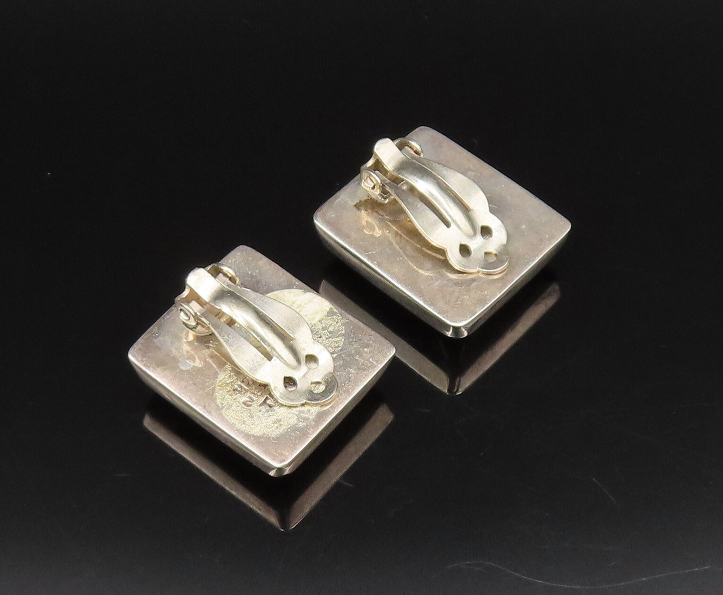MEXICO 925 Silver  Vintage Inlaid Malachite Non Pierced Earrings  EG12197